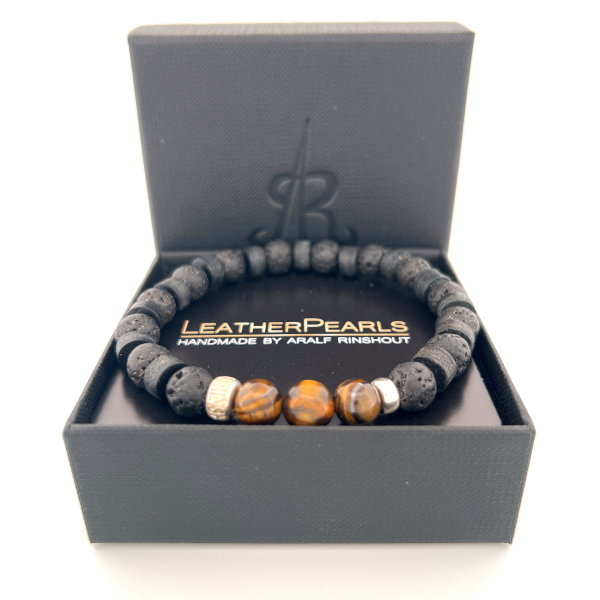 Preview: LeatherPearl Armband mit Tigerauge und schwarzem Lavastein