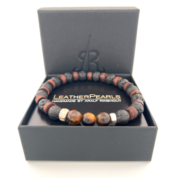 Preview: LeatherPearl Armband mit Tigerauge und schwarzem Lavastein