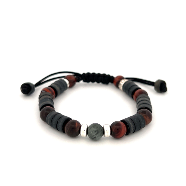 LeatherPearl Makramee-Armband mit Falkenauge und rotem Tigerauge