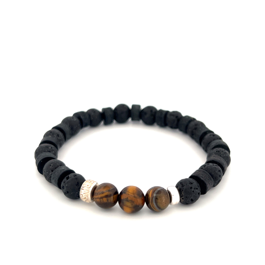 LeatherPearl Armband mit Tigerauge und schwarzem Lavastein