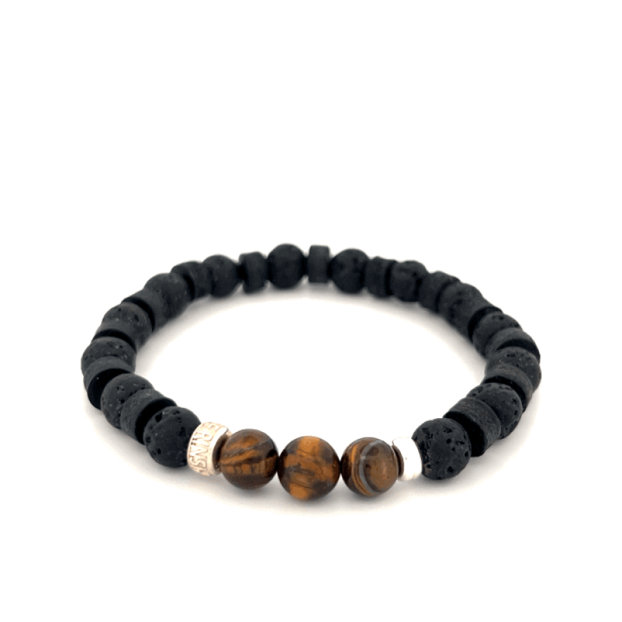 LeatherPearl Armband mit Tigerauge und schwarzem Lavastein
