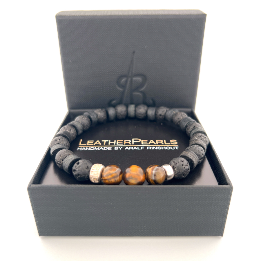 LeatherPearl Armband mit Tigerauge und schwarzem Lavastein