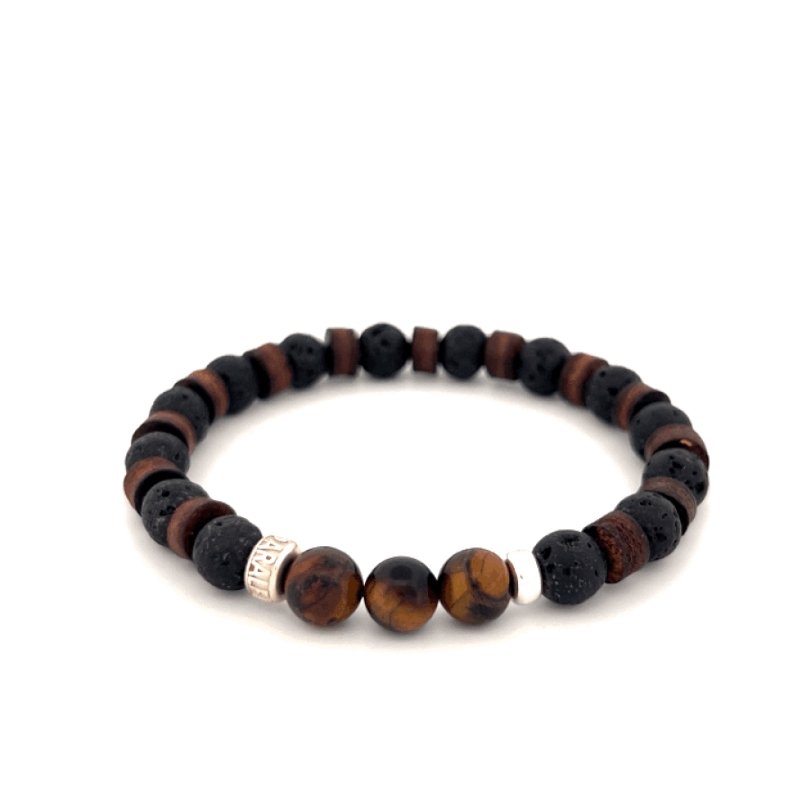 LeatherPearl Armband mit Tigerauge und schwarzem Lavastein