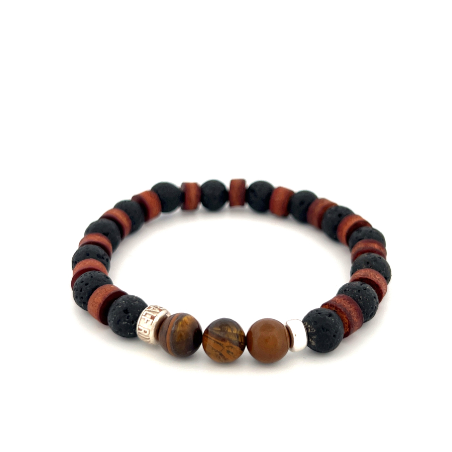 LeatherPearl Armband mit Tigerauge und schwarzem Lavastein