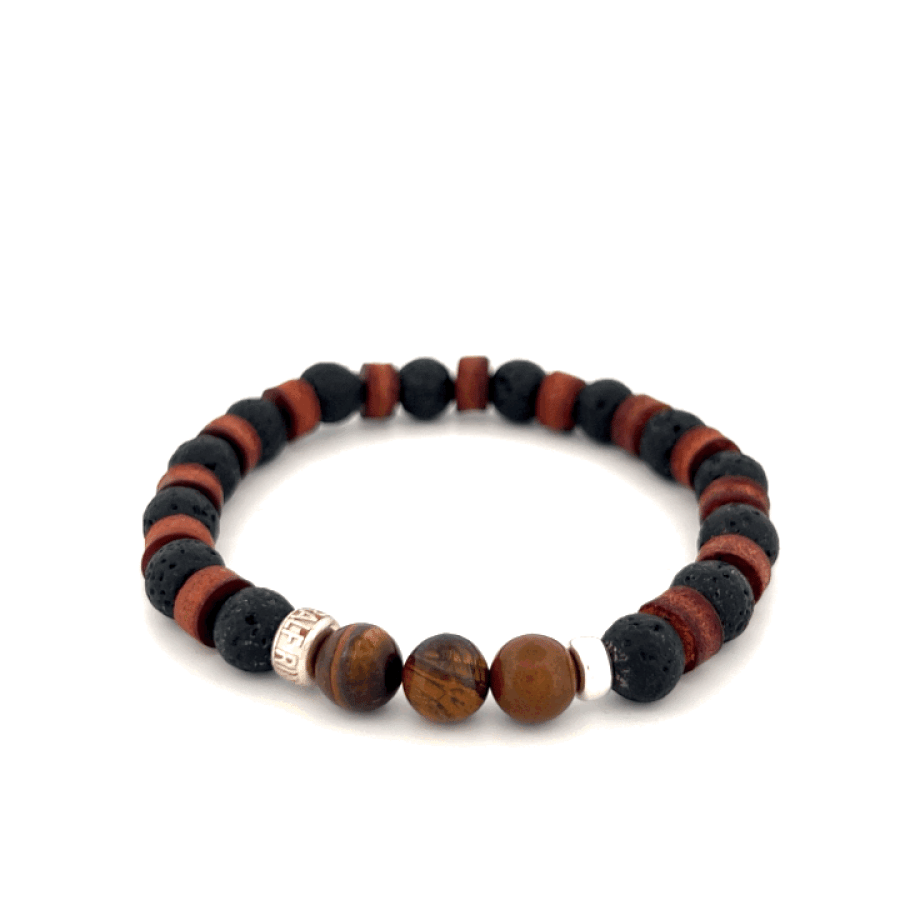 LeatherPearl Armband mit Tigerauge und schwarzem Lavastein