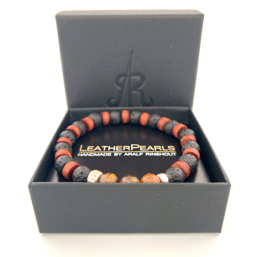 LeatherPearl Armband mit Tigerauge und schwarzem Lavastein